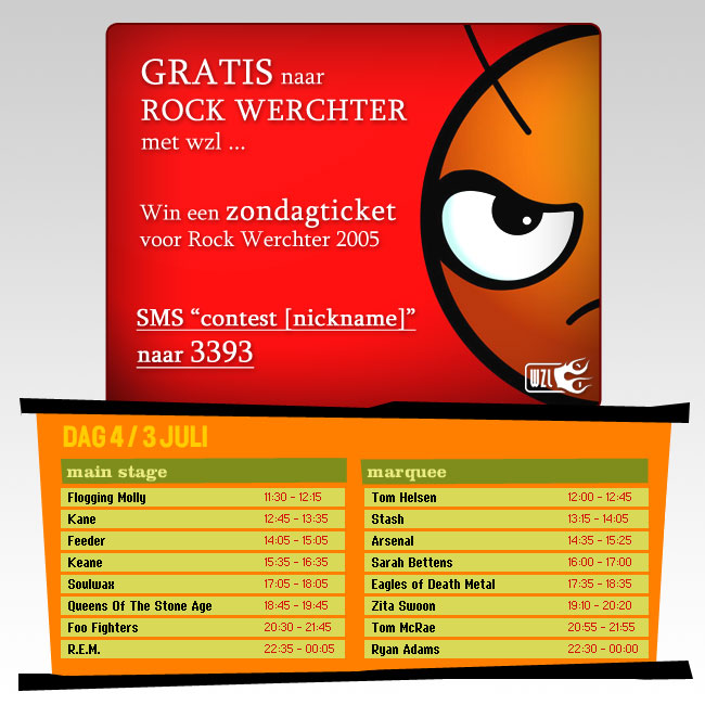 SMS "contest [nickname]" naar 3393 en win een zondagticket voor Rock Werchter!